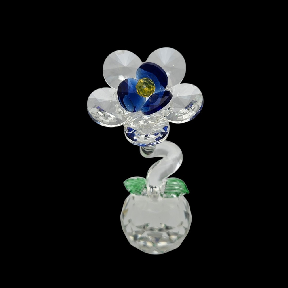 Crystal Glass Blue Flower in Pot Figurine Spring Friend Love Romance 4.25"